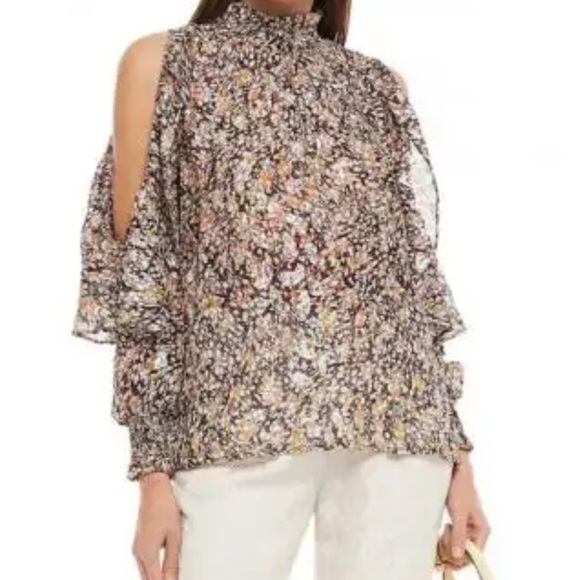 Maje abstract paisley metallic sheen print top cold shoulder long sleeve size L - Picture 2 of 8